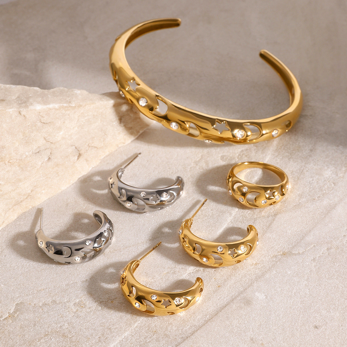 Elegant Geometric Rhinestone Inlay Plated Stainless Steel Hoop Earrings for Women