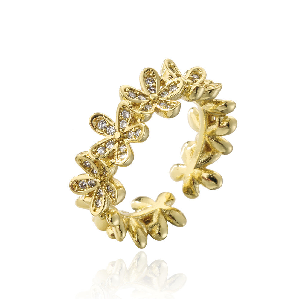 Minimalist 18K Gold Plated Copper Zircon Leaf Geometric Open Ring for Women