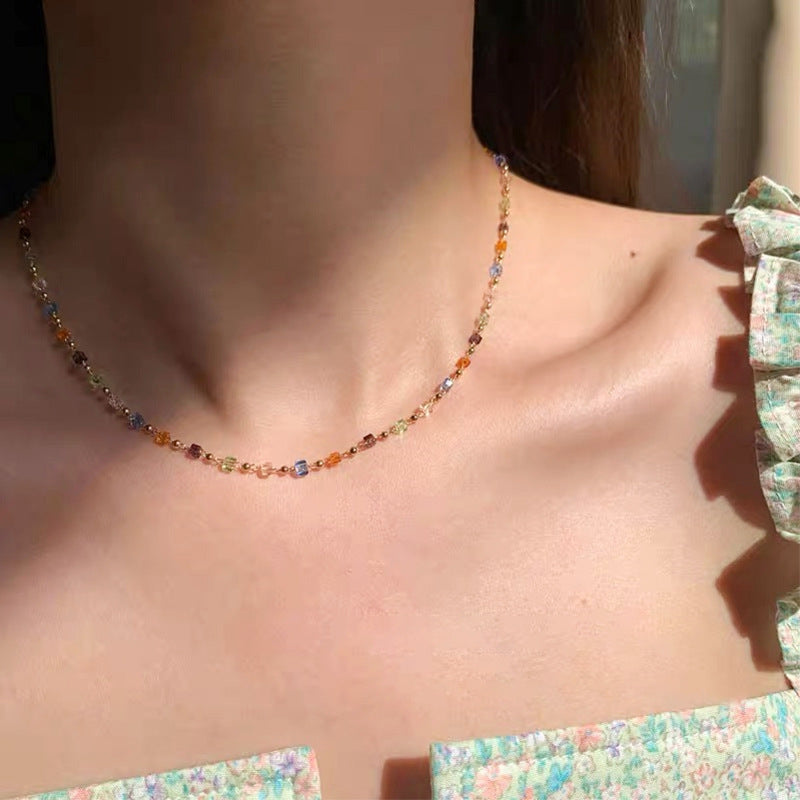 Colorful Dopamine Beaded Necklace for Women Geometric Glass Beads Snake Chain Lightweight Luxe Clavicle Necklace
