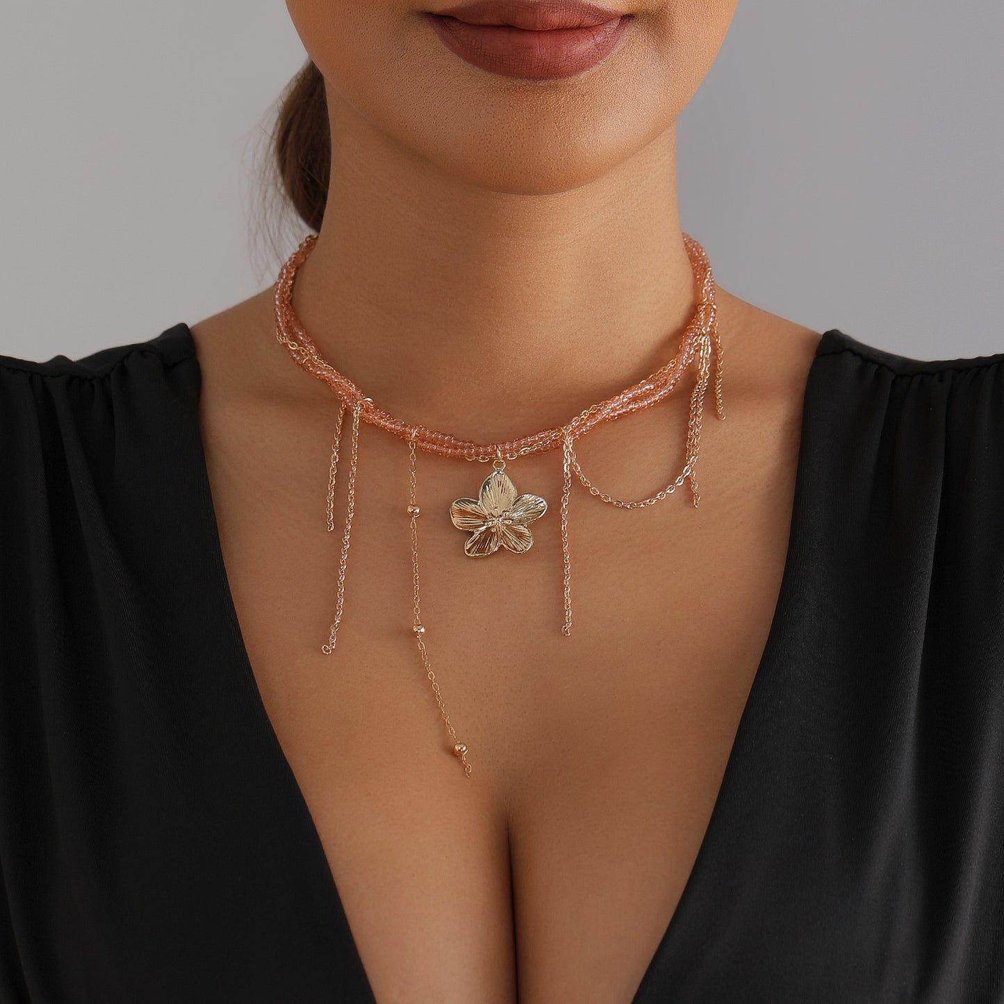 Sweet Pink Crystal Floral Geometric Heart Alloy Plated Tassel Necklace for Women