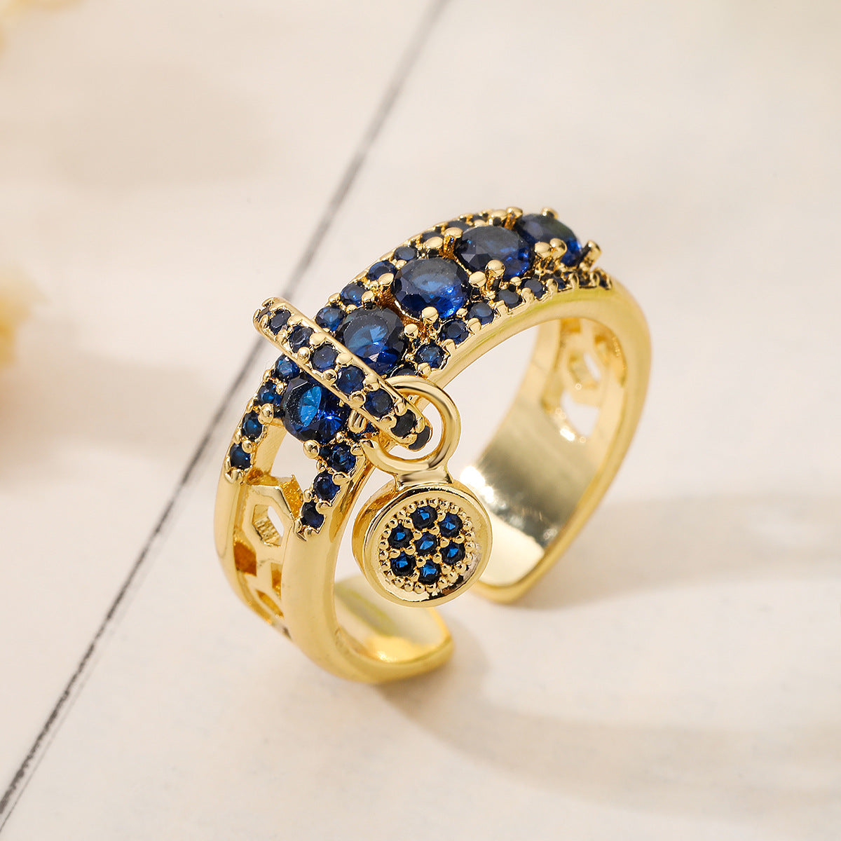 Minimalist Geometric Open Ring for Women Made of Brass with Real Gold Plating and Zircon Inlay