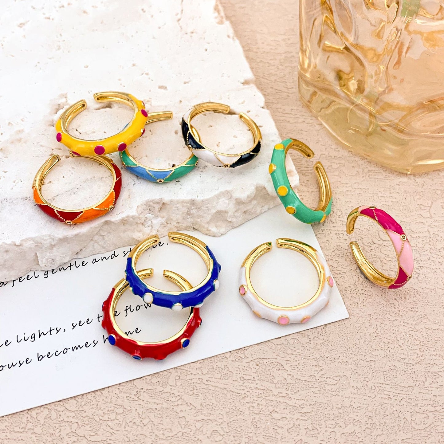 Sweet Geometric Checkered Alloy Drip Oil Plated Adjustable Ring for Women