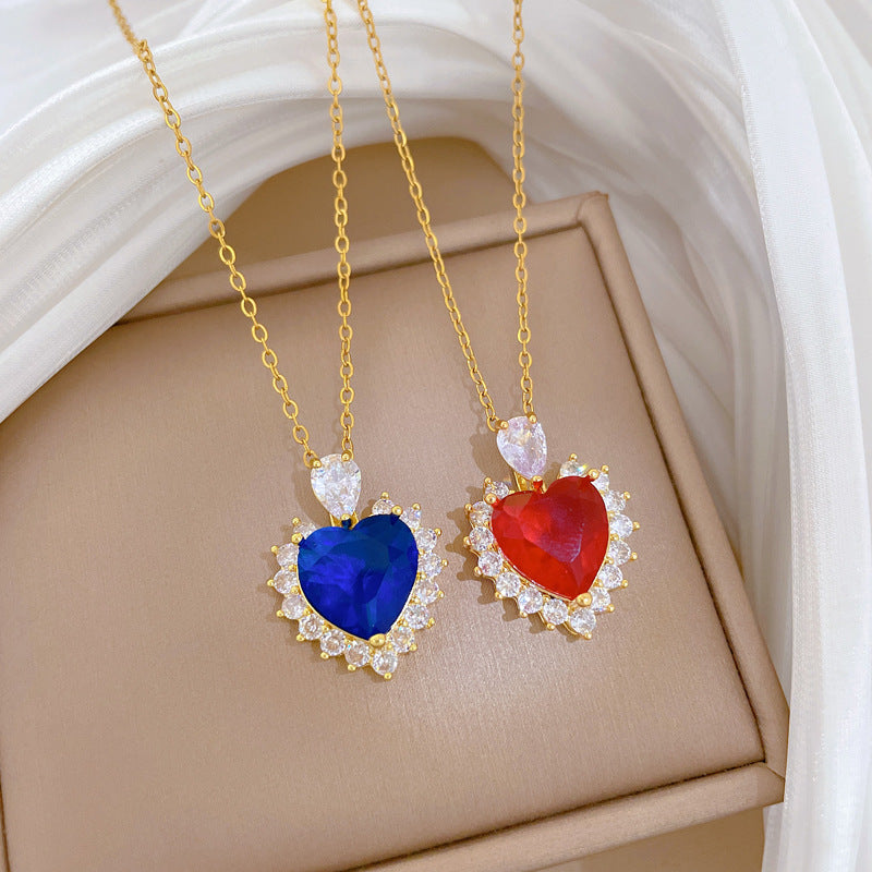 Sweet Heart Geometric Titanium Steel Necklace with Cubic Zirconia Brass Pendant