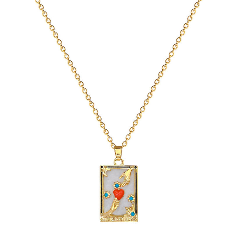 Minimalist Geometric Tarot Card Pendant Necklace in Titanium Steel with Hand-in-Hand Design and Moon Motif