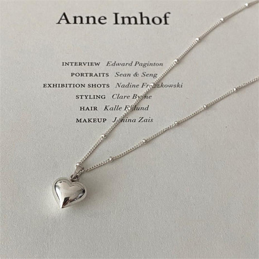 Minimalist Cold-Tone Heart-Shaped Beaded Necklace in 925 Sterling Silver with Irregular Chain Design