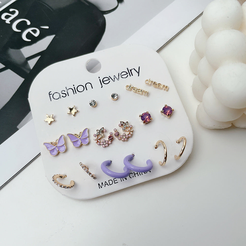 Sweet Geometric Butterfly Alloy Earrings with Rhinestone Inlay and Drip Oil Finish