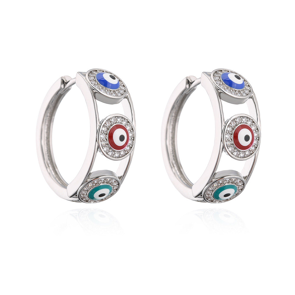 Vintage Style Geometric Copper Ear Cuffs with White Gold Plating and Micro-Paved Zirconia Evil Eye Design