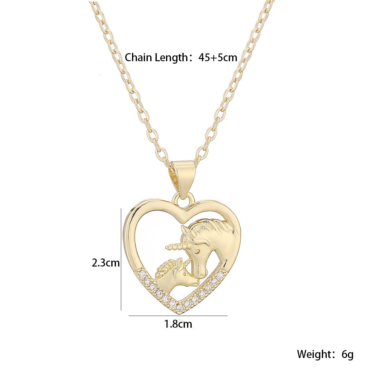 Minimalist 18K Gold Plated Brass Heart Horse Pendant Necklace with Cubic Zirconia