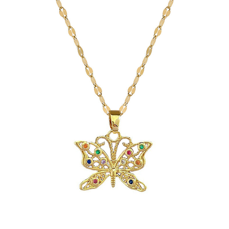 Luxury Butterfly Pendant Necklace for Women in Titanium Steel with Plated Finish, Geometric Design, Moon Motif, Adjustable Length Locket Chain