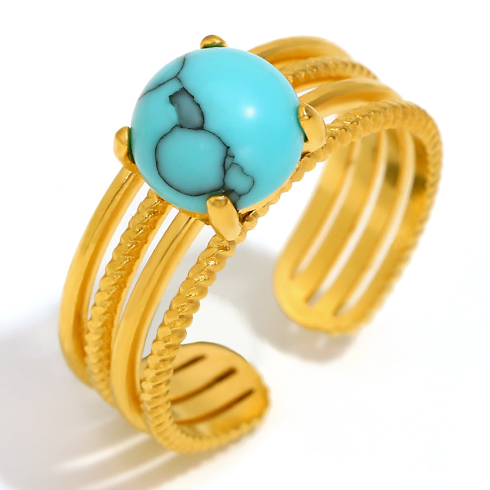 Fashionable Vintage French Style Geometric Stainless Steel Plated 18K Gold Half-Round Turquoise Ring for Women