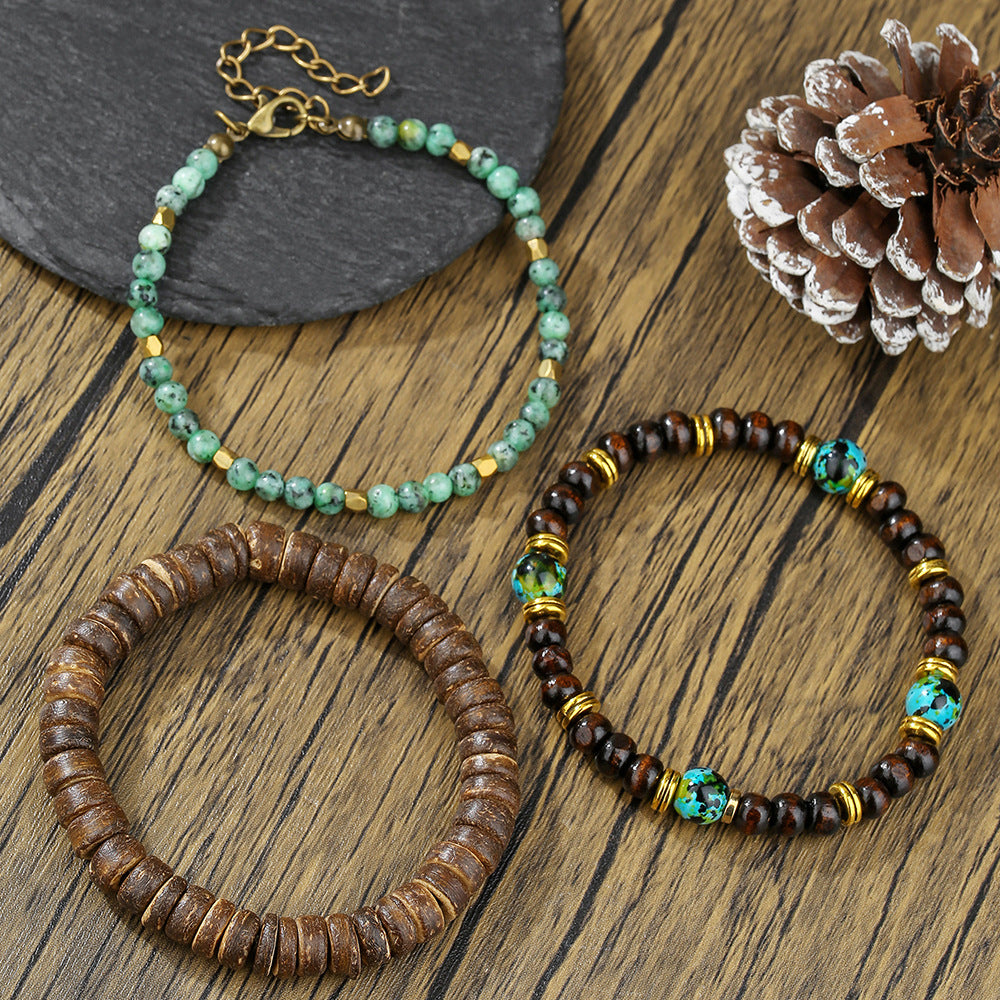 Natural Wood Bead Turquoise Coconut Shell Elastic Bracelet DIY Charm Bar Set