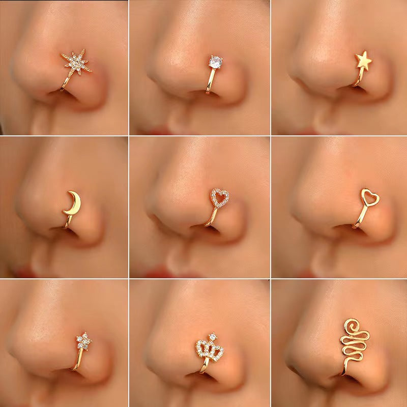 Minimalist Geometric U-Shaped Nose Clip Brass 18K Gold Plated Cubic Zirconia Adjustable Charm Bar
