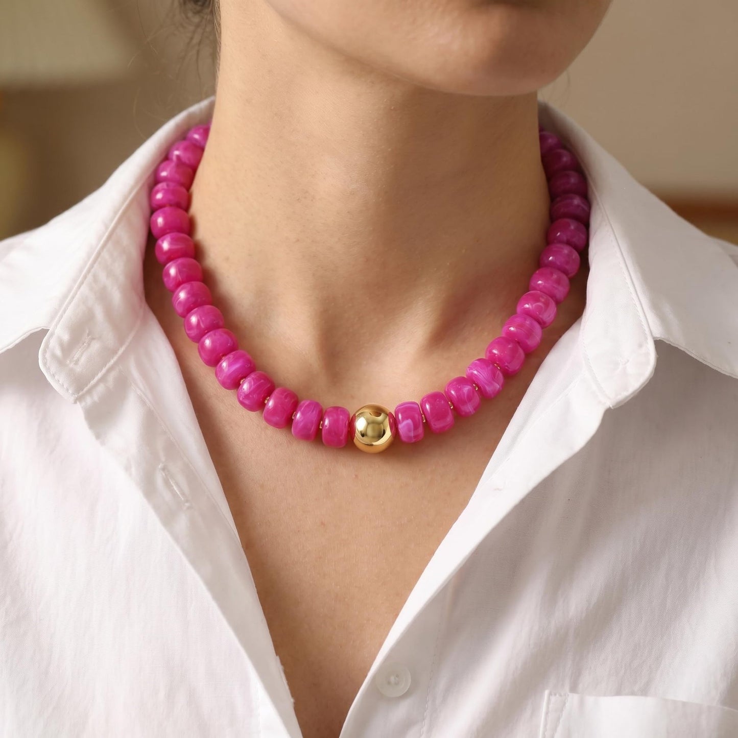 Colorful Geometric Round Acrylic Bead Necklace for Women