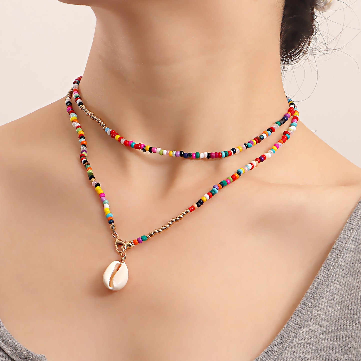 Bohemian Double-Layer Shell Pendant Necklace for Women with Geometric Design, Iron Alloy Chain, Electroplated Finish, Clavicle Length