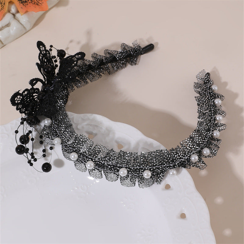 Cerchietto con Fiocco in Pizzo Nero per Halloween con Perle e Strass per Bambine dai 6 ai 10 Anni