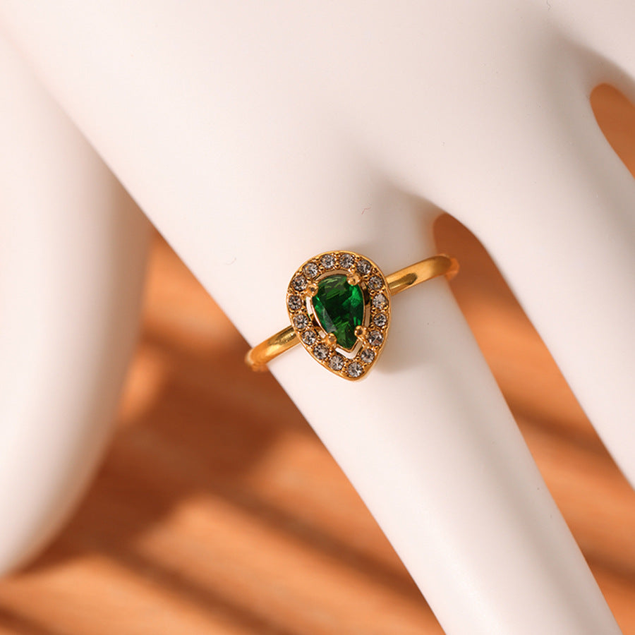 Ins Style Teardrop Shaped Stainless Steel Ring with Green Zircon Inlay and 18K Vacuum Plated Gold Finish