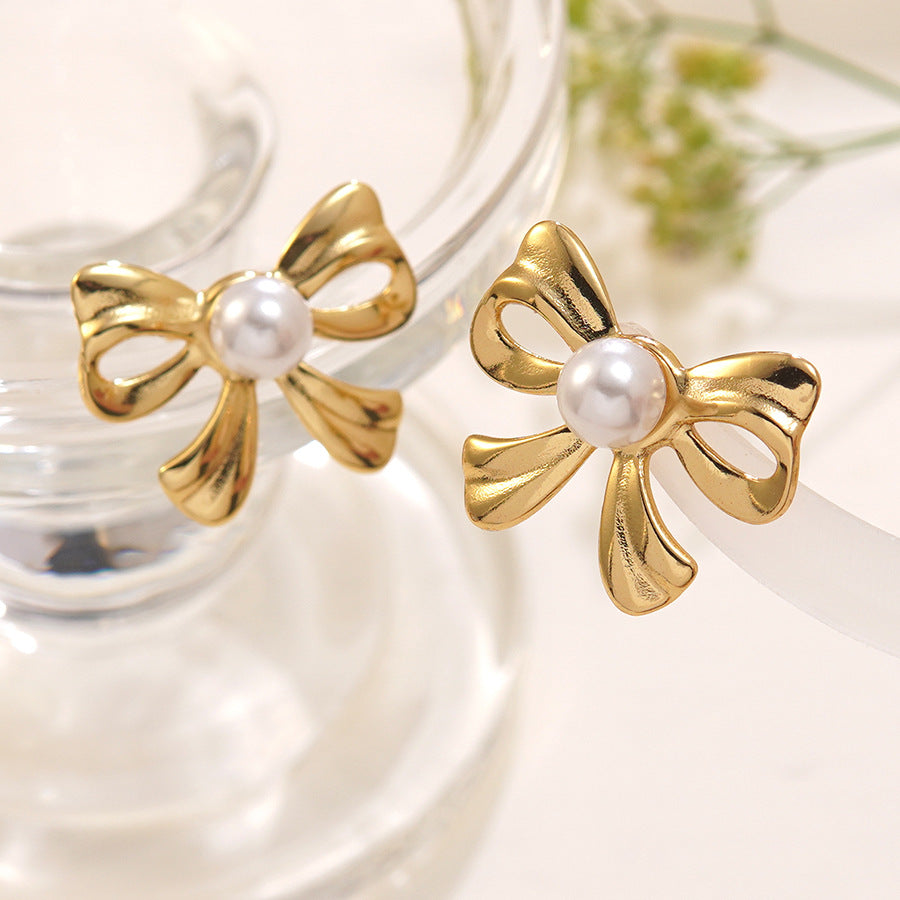 Luxury Stainless Steel Bow Knot Pearl Earrings for Women