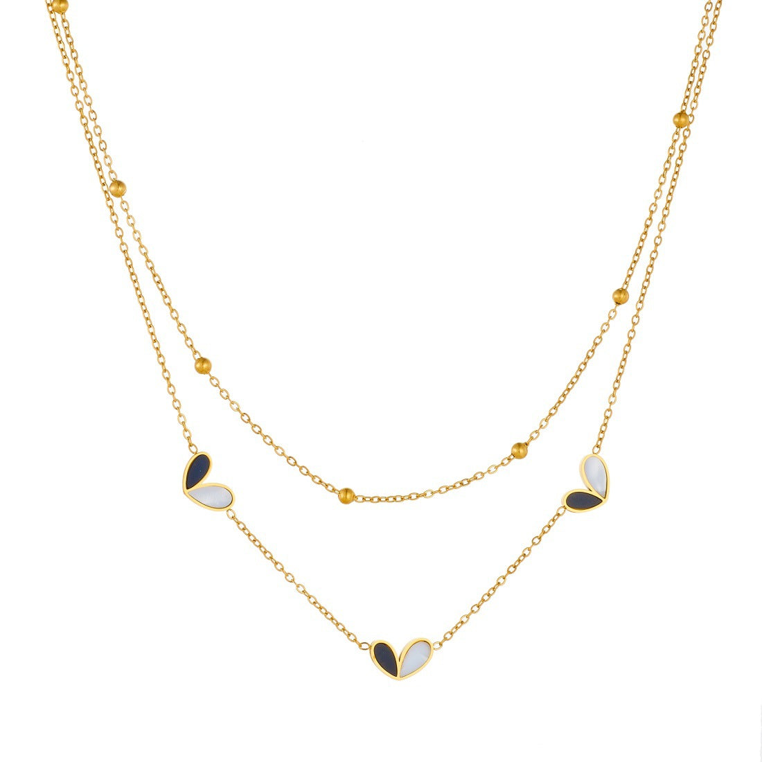 Minimalist Black and White Heart Stainless Steel Plated Necklace and Bracelet Set for Women