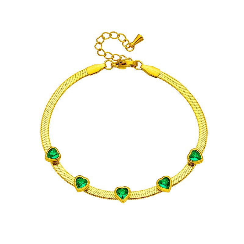 Bracciale Minimalista a Catena Serpentina in Acciaio al Titanio a Forma di Cuore con Intarsio di Strass da Donna