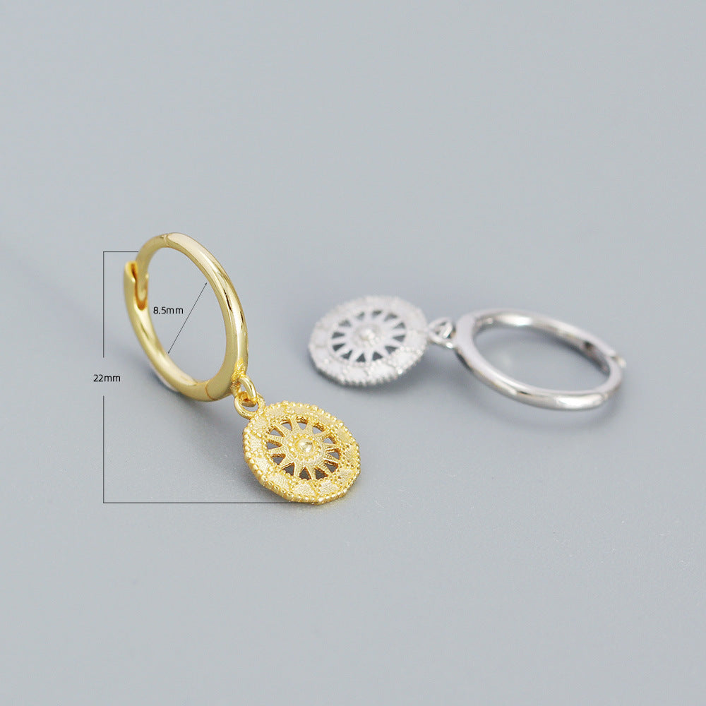 Orecchini a cerchio geometrici rotondi placcati in argento sterling 925, eleganti e raffinati, con motivo a bussola astratta da donna