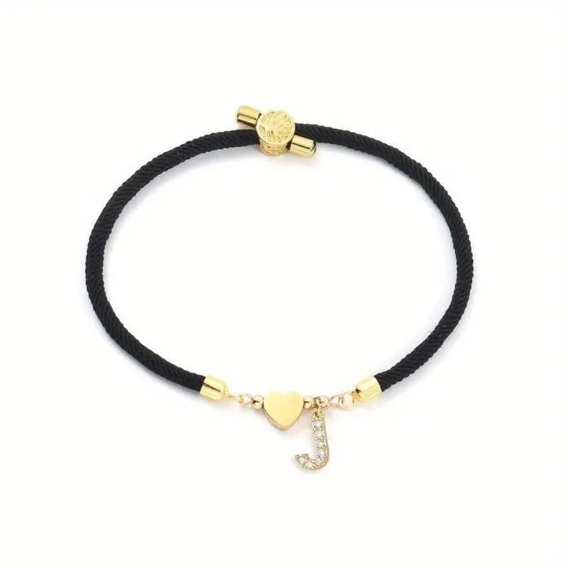 Minimalist Letter Heart Brass Plated Cubic Zirconia Bracelet with Adjustable Black Cord for Women