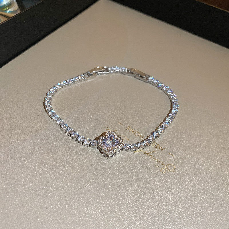 Elegant Geometric Floral Bracelet for Women in Plated Copper with Rhinestone Accents, Minimalist Office Style Hand Jewelry