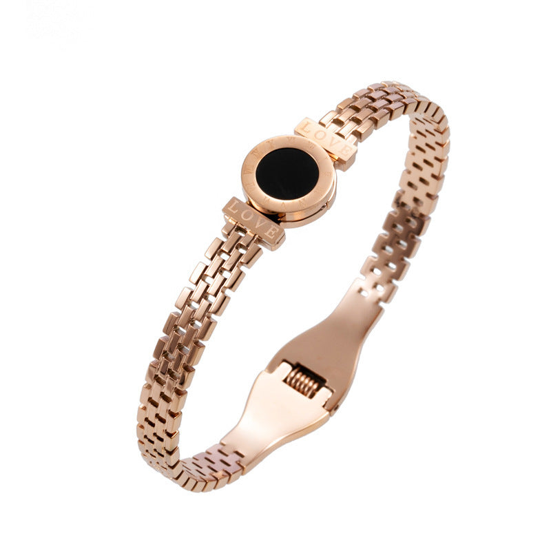 Pulsera de acero inoxidable con disco redondo negro y concha negra con números romanos huecos de Fashion-Commuter para mujer, chapada en acero de titanio