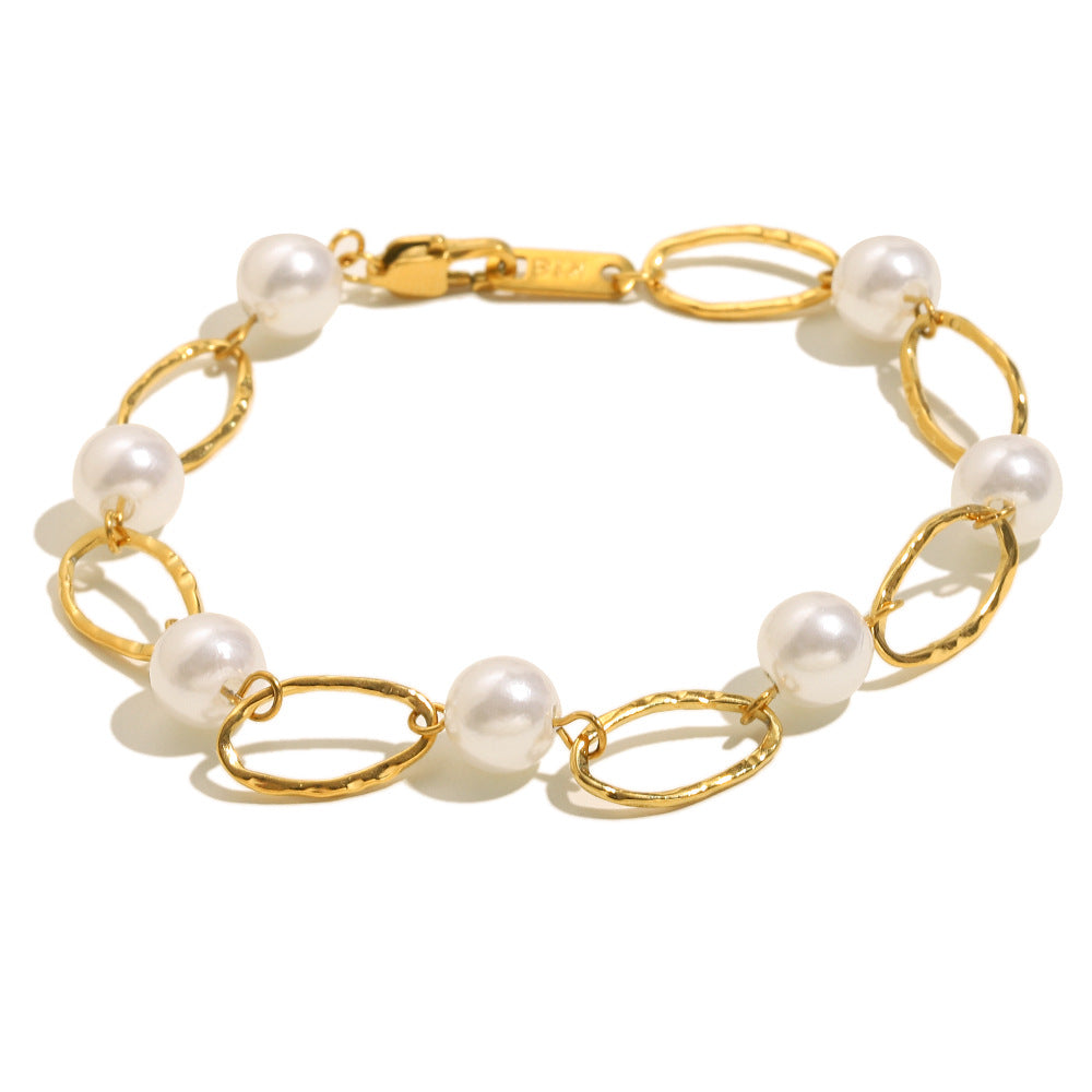 Bracciale da donna in acciaio inossidabile placcato oro 18 carati con perle finte, geometrico e minimalista