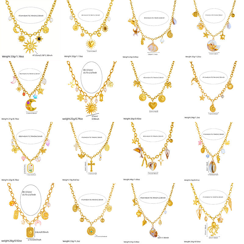 Elegant Stainless Steel Drip Oil Moon Sun Flower Pendant Necklace with Cable Chain for Women