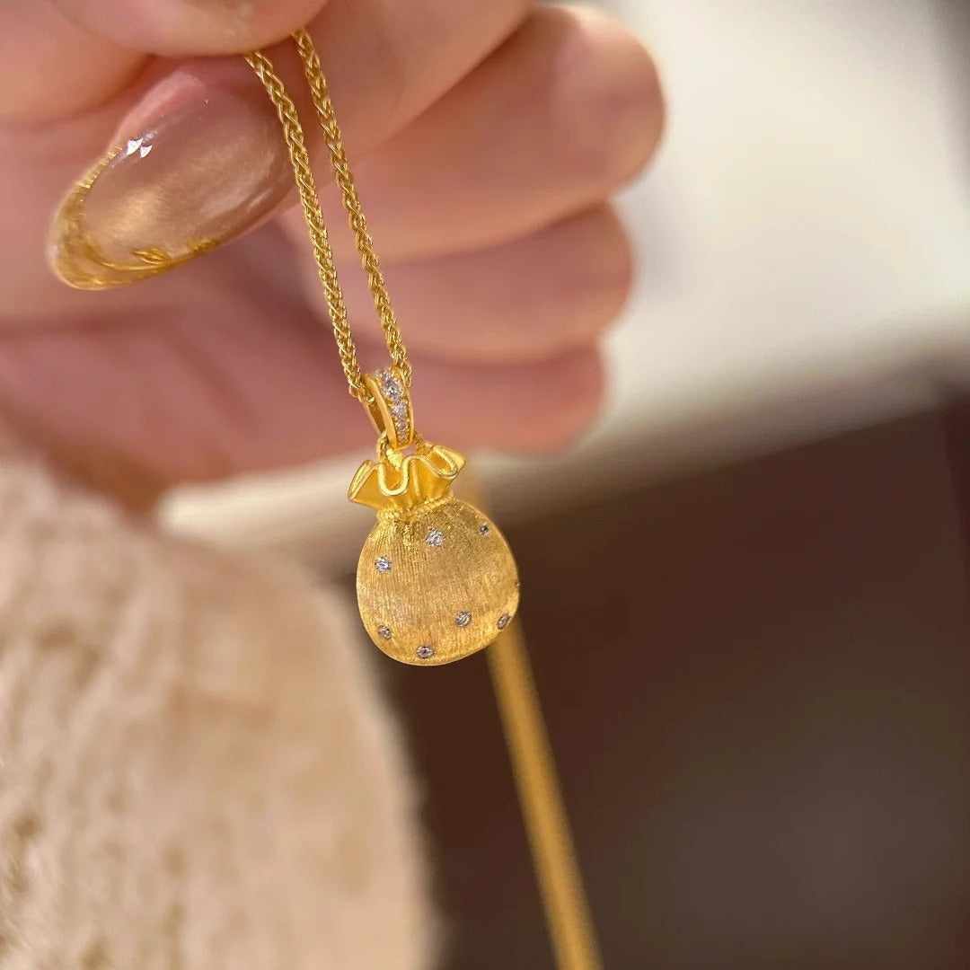 Vintage Gold Plated Brushed Brass Fortune Bag Necklace Unisex