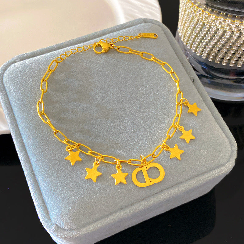 Sweet Minimalist Star Letter Titanium Steel Plated Bracelet with Tassel