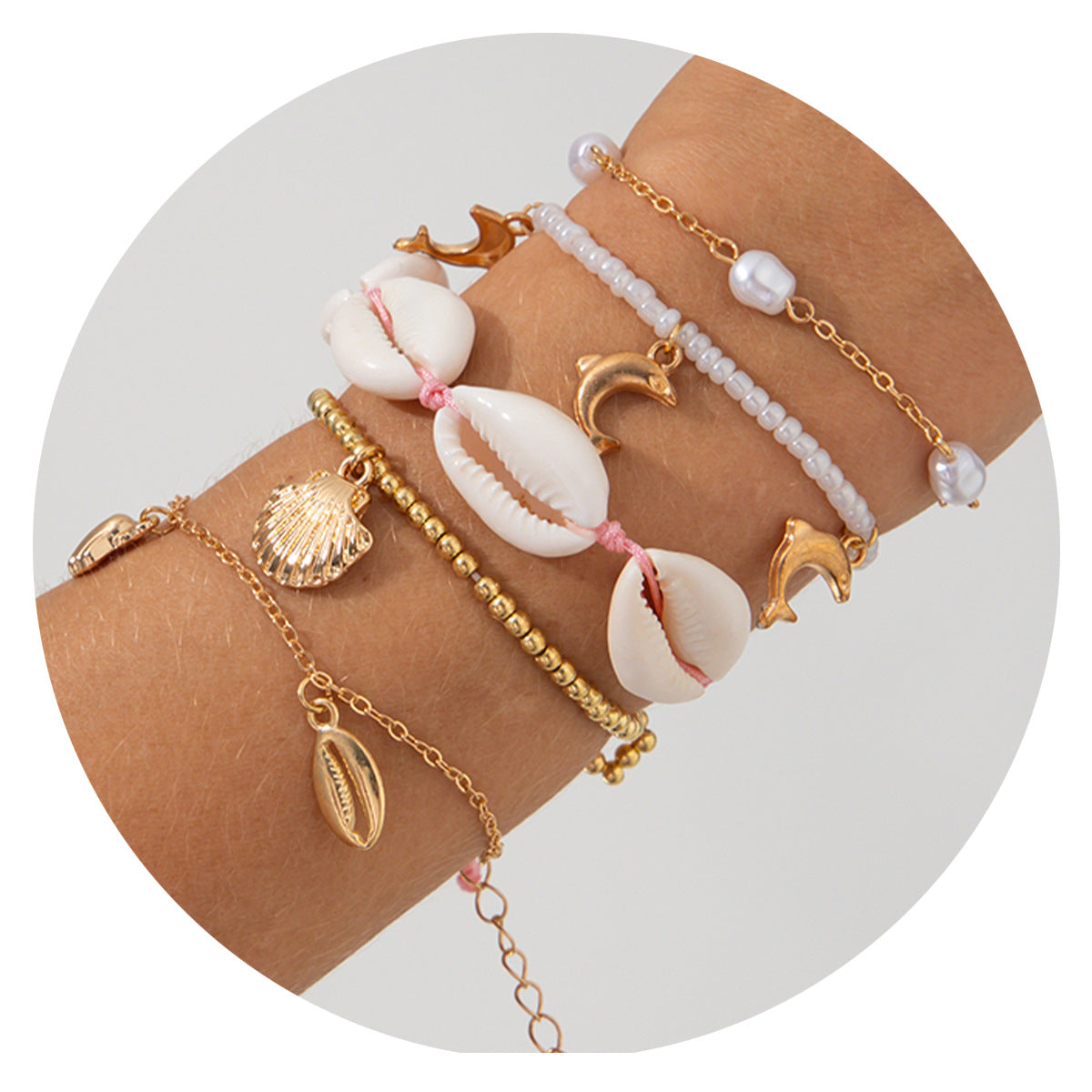 Bracciale in lega stile bohémien con stelle e forme geometriche, ciondoli a delfino e stella per donna, gioielli estivi da spiaggia galvanizzati