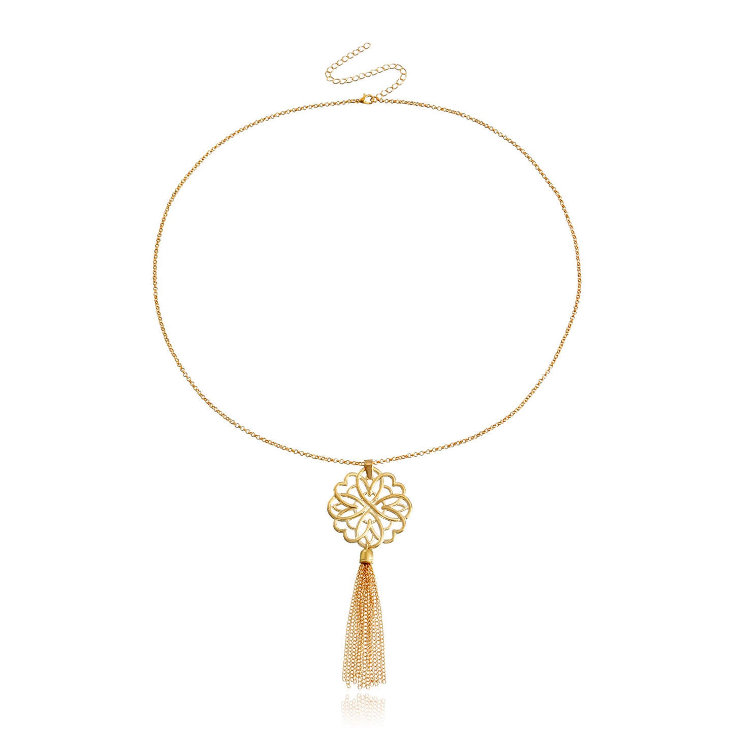 Minimalist Lotus Pendant Long Layered Necklace for Women with Hollow Design and Tassel Detail in Alloy with Plating Finish