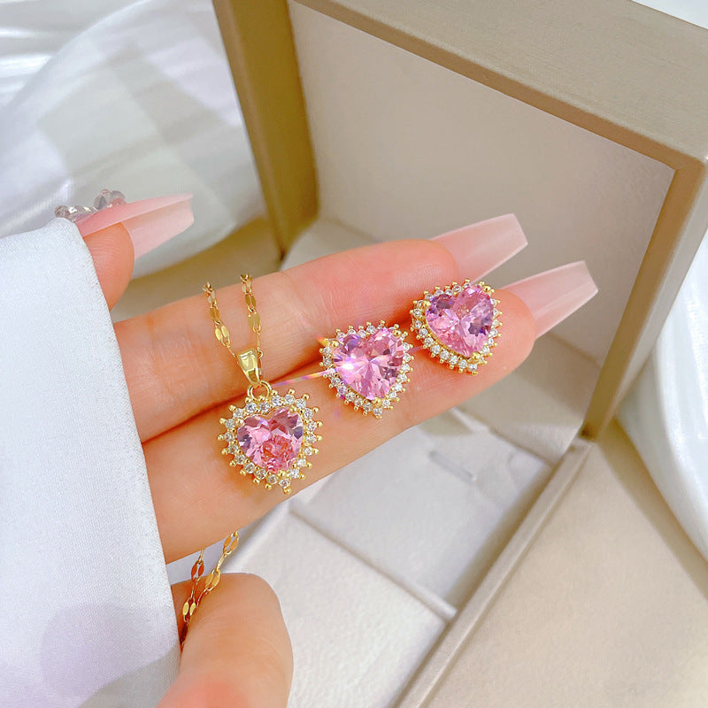 Luxury Fresh and Sweet Plated Brass Zircon Micro-Pave Earrings and Necklace Set