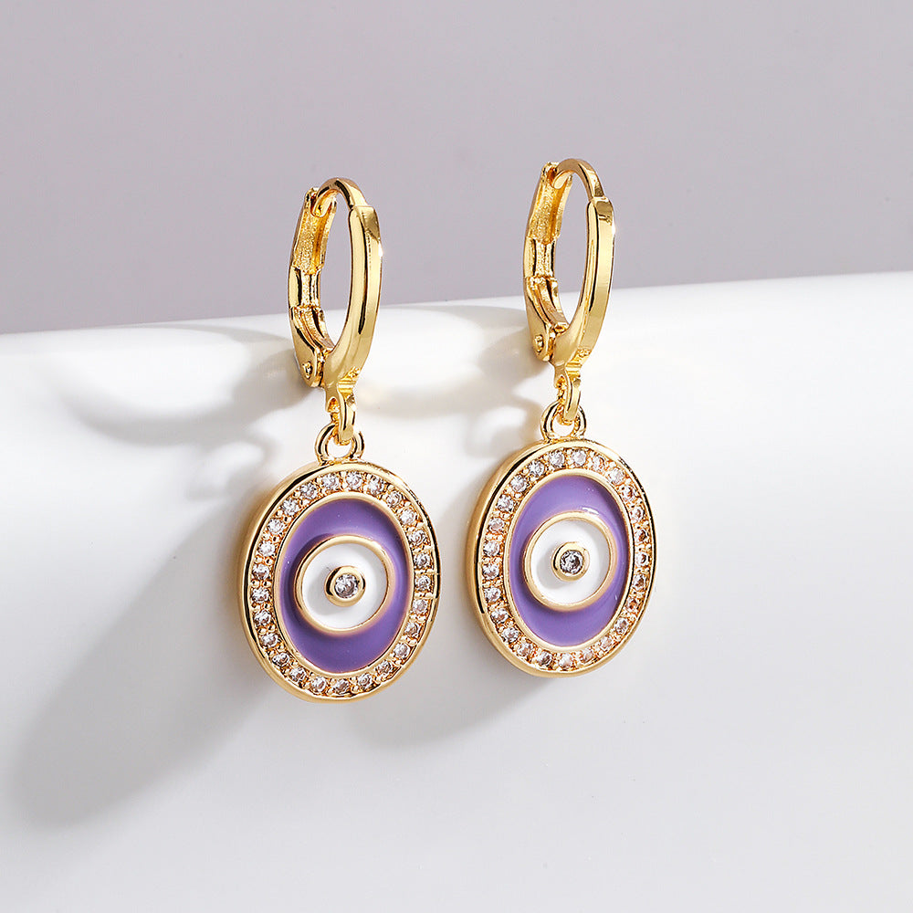 Fashionable Geometric Evil Eye Earrings for Women with Copper Base Plated in Real Gold and Zircon Inlay