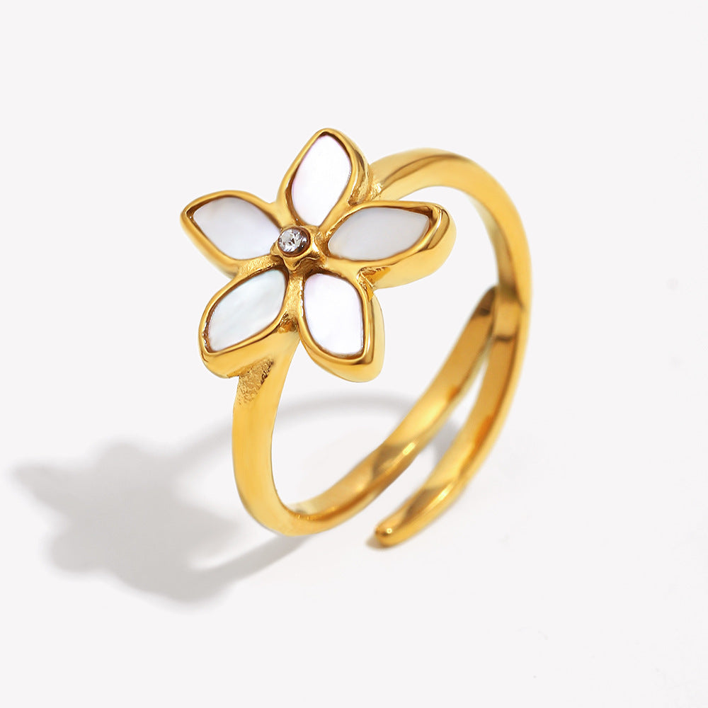 Anello da donna aperto minimalista geometrico floreale in acciaio inossidabile placcato oro bianco 18 carati