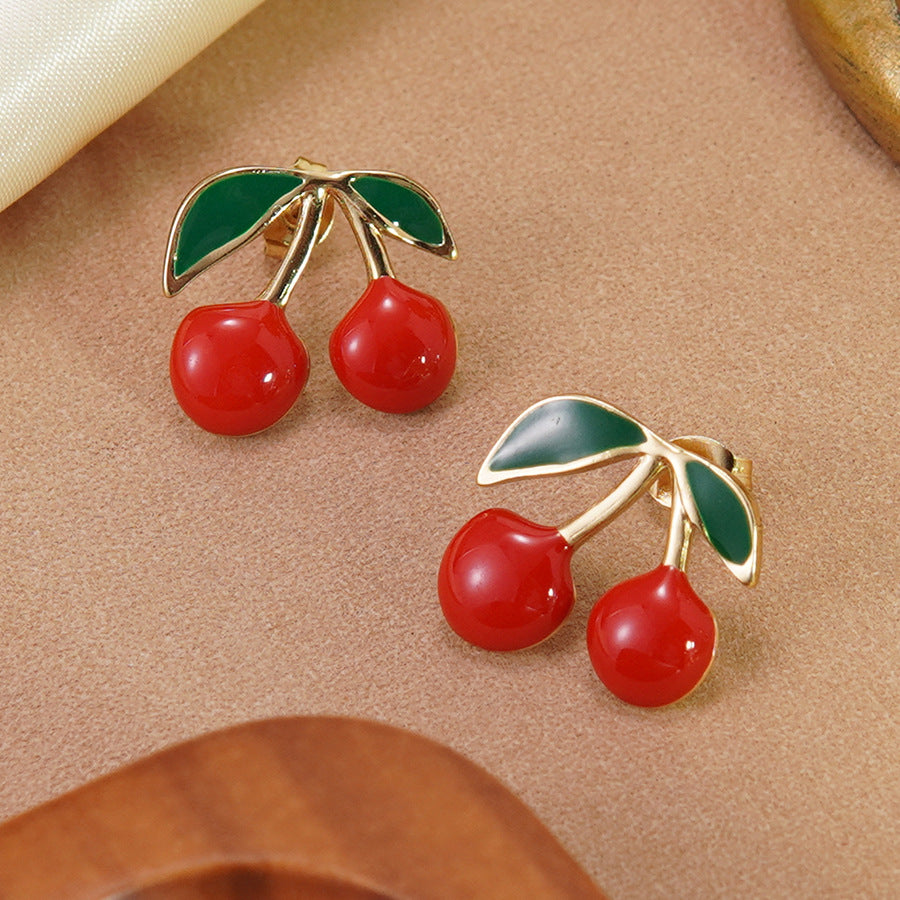 Sweet Drip Oil Stainless Steel Cherry Earrings for Women