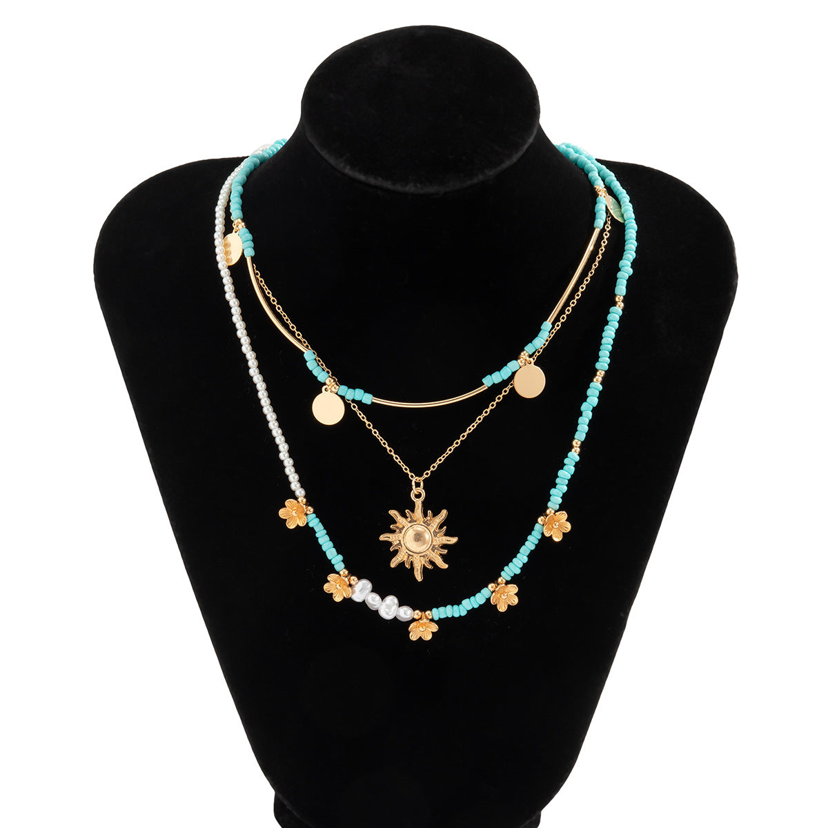 Collana con pendente floreale etnico retrò da donna con catena in lega, paillettes multistrato simili a perle, design geometrico e finitura placcata