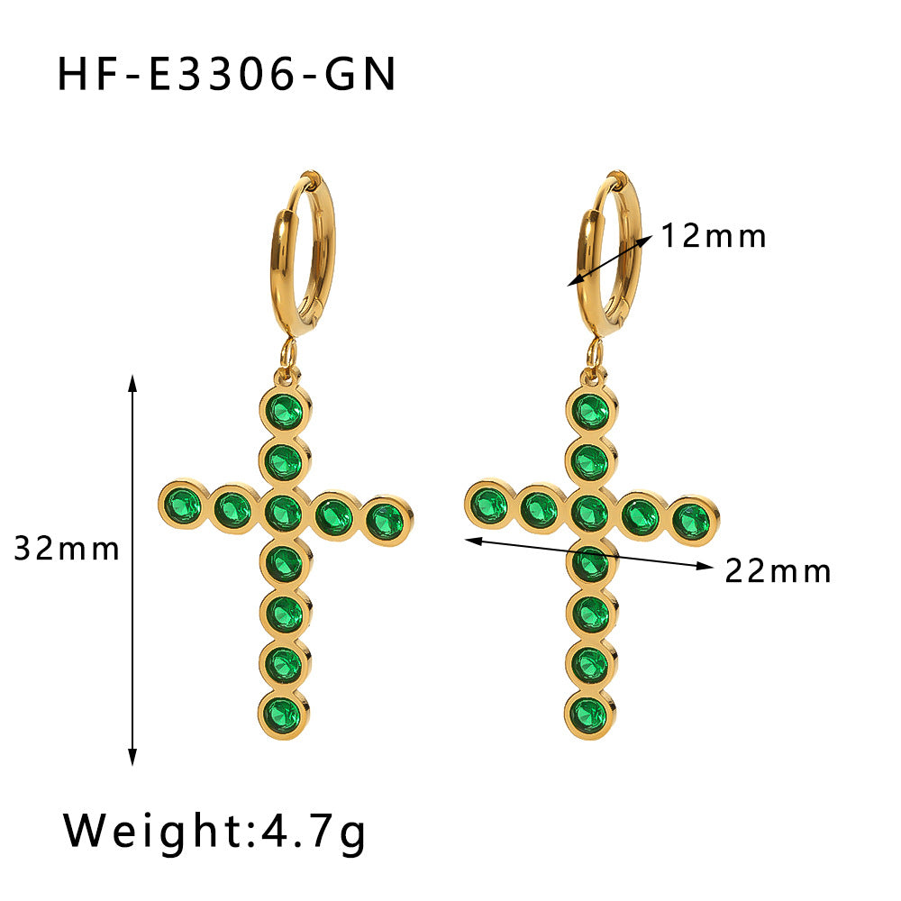Ins Style Geometric Stainless Steel Cross Stud Earrings with Green Black Colorful or White Zircon Inlay Plated for Women