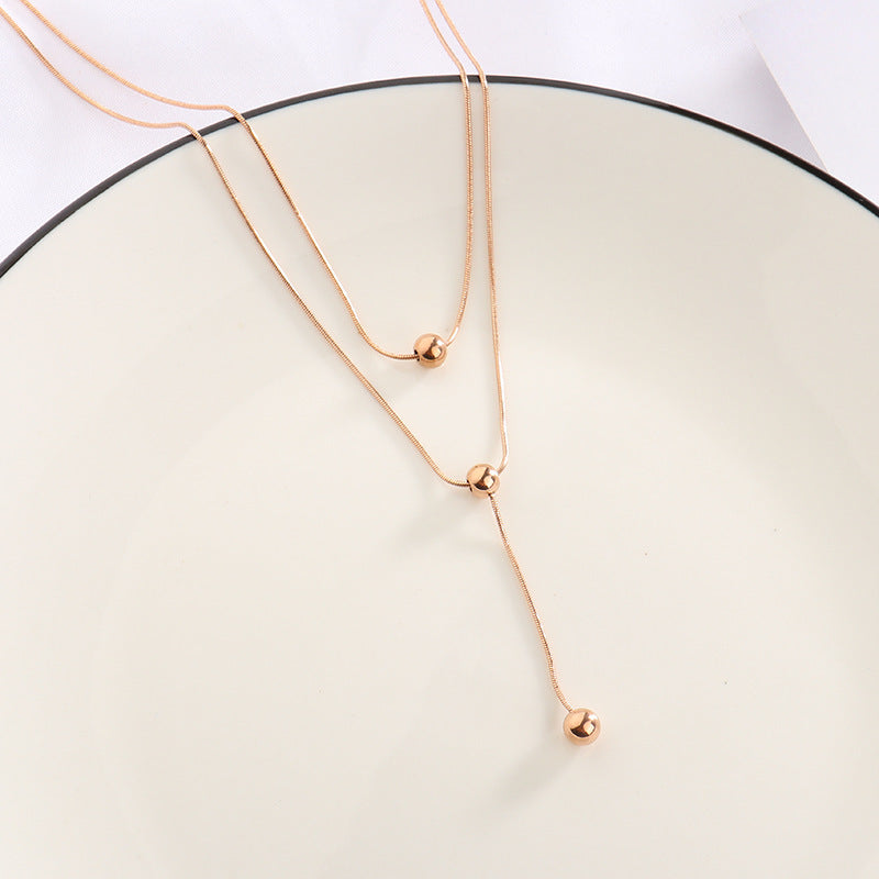 Minimalist Geometric Double-Layer Titanium Steel Snake Chain Necklace with Tassel Pendant for Women
