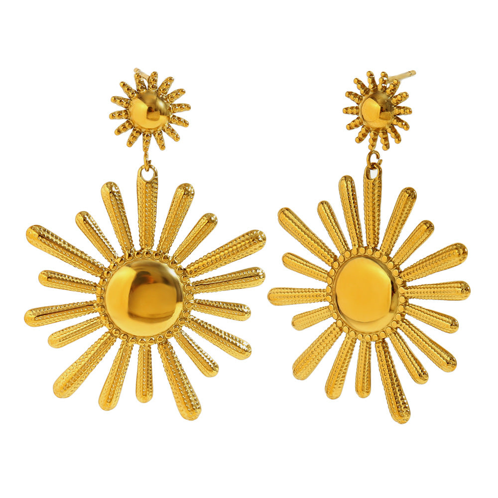Minimalist Sunflower Pendant Earrings in Stainless Steel with 18K Gold Plating for Women