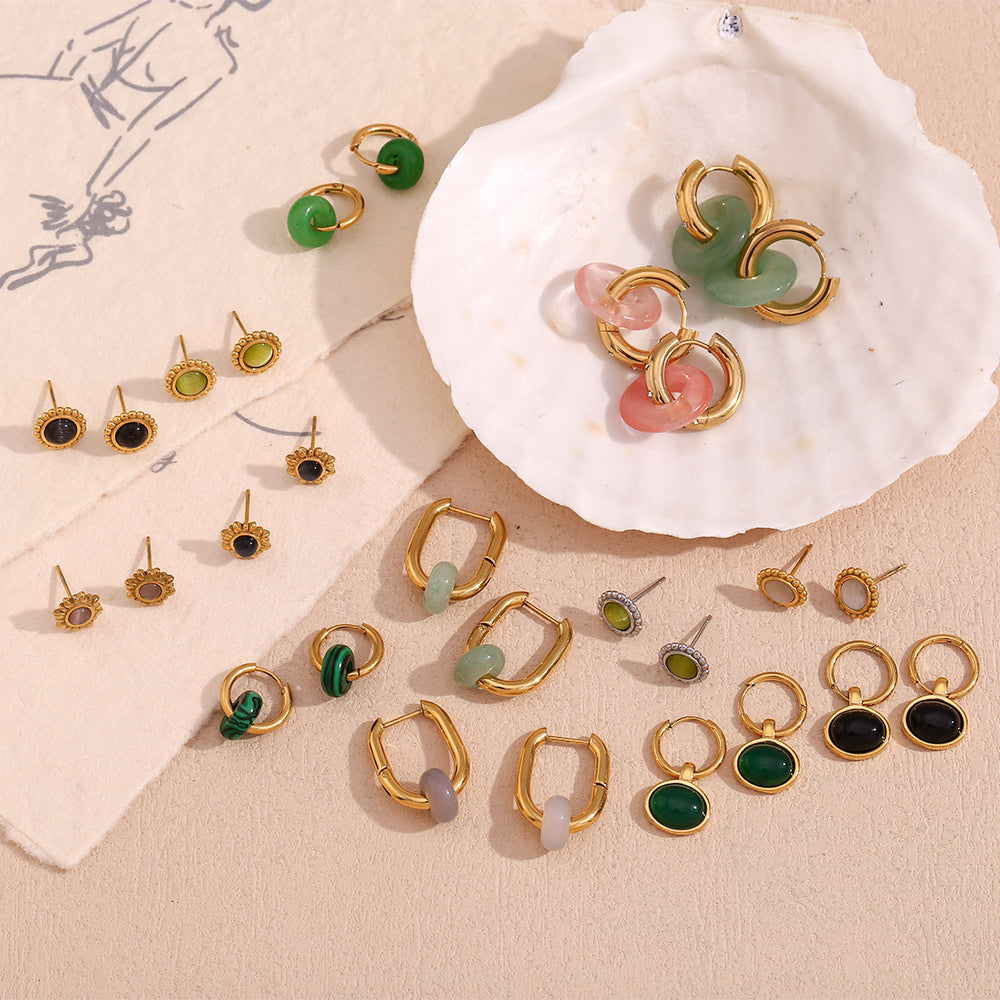 Vintage-Inspired Geometric Stainless Steel Earrings with 18K Gold Plating and Natural Sunstone Cat's Eye Accents for Women