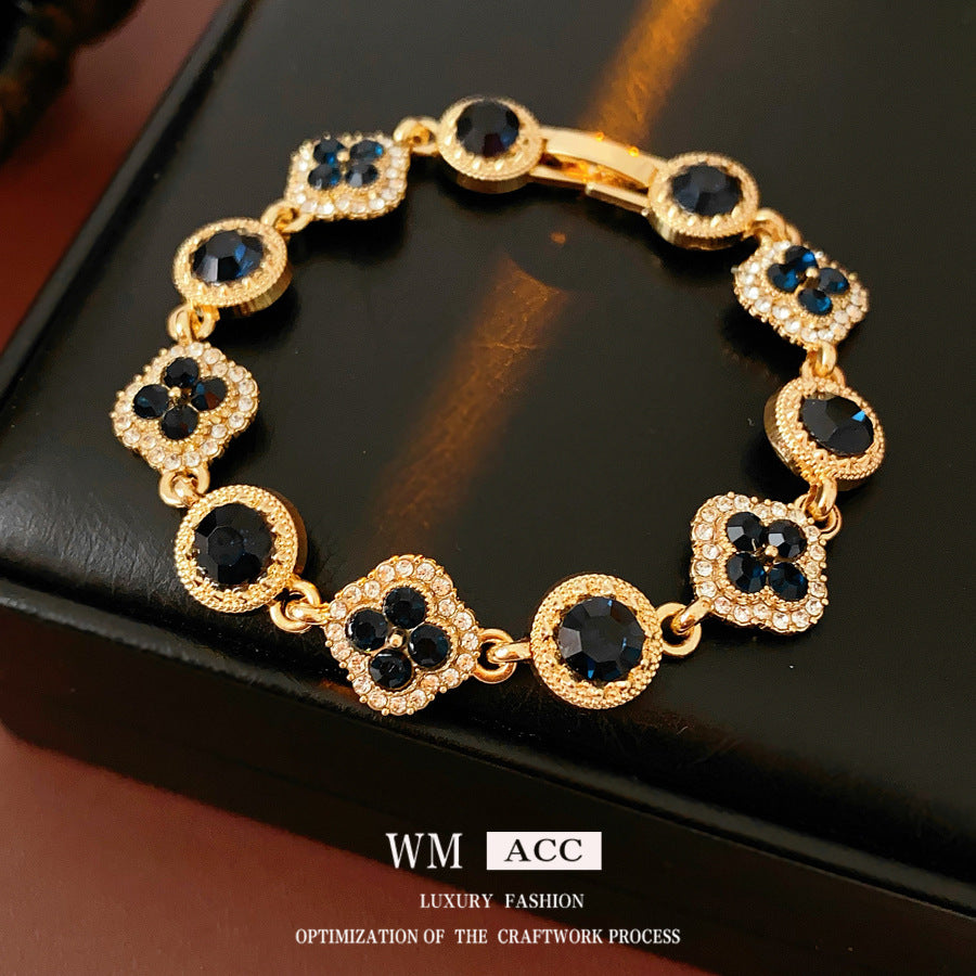 Vintage Floral Rhinestone Inlay Brass Bracelet for Women