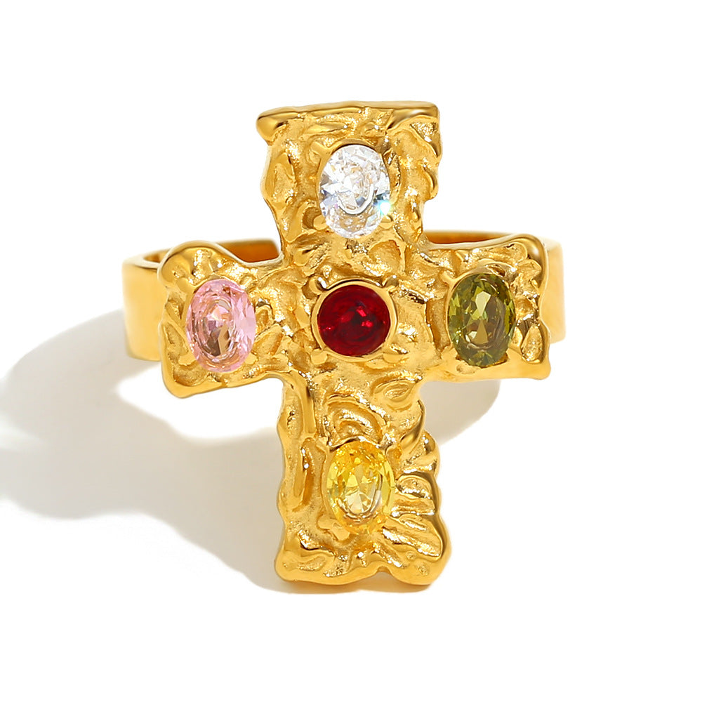 Vintage Style Geometric Cross-Shaped Stainless Steel Ring with 18K Gold Plating and Colorful Rhinestone Accents for Women