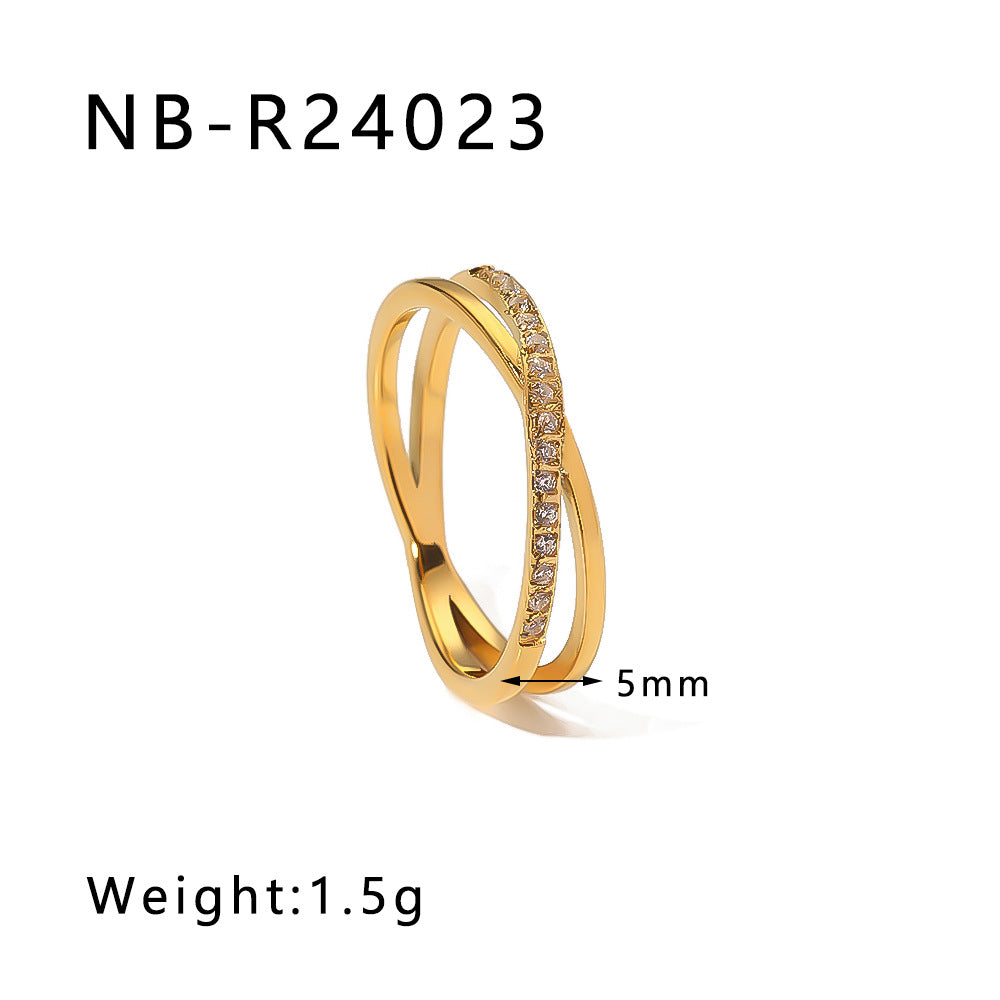 Set di anelli minimalisti a doppio strato in acciaio inossidabile con zirconi micro-incastonati e perle, gioielli unisex placcati oro 18 carati