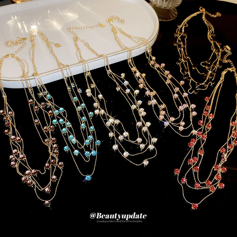 Elegante Collana Multistrato in Zirconi con Forma Geometrica da Donna, Catena alla Clavicola alla Moda con Dettagli Rotondi e Lineari, Gioielli Estivi