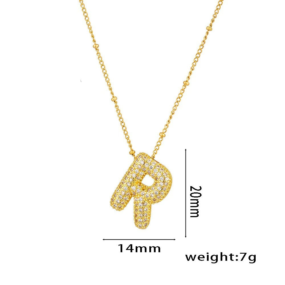 Collana con ciondolo a lettera in zirconi micro-pavé placcato oro 18 carati, catena di perline in acciaio inossidabile/acciaio al titanio, gioielli unisex alla moda per pendolari