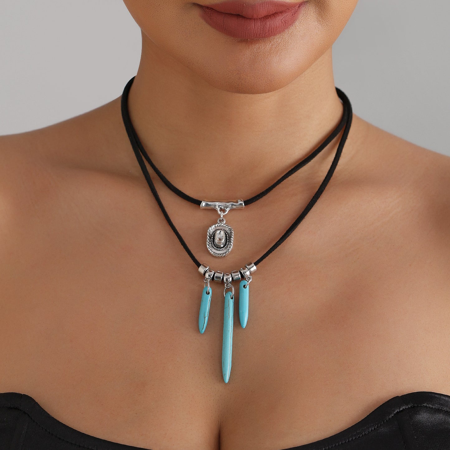 Vintage Bohemian Geometric Heart Turquoise Inlay Alloy Plated Multi-layer Necklace for Women