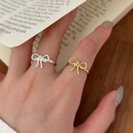 Minimalist Bow Knot Ring in Sterling Silver 925 for Women with Polished Finish and Delicate Ribbon Shape Design