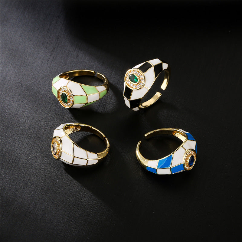 Sweet 18K Gold Plated Square Geometric Brass Ring with Drip Oil and Cubic Zirconia Inlay for Women